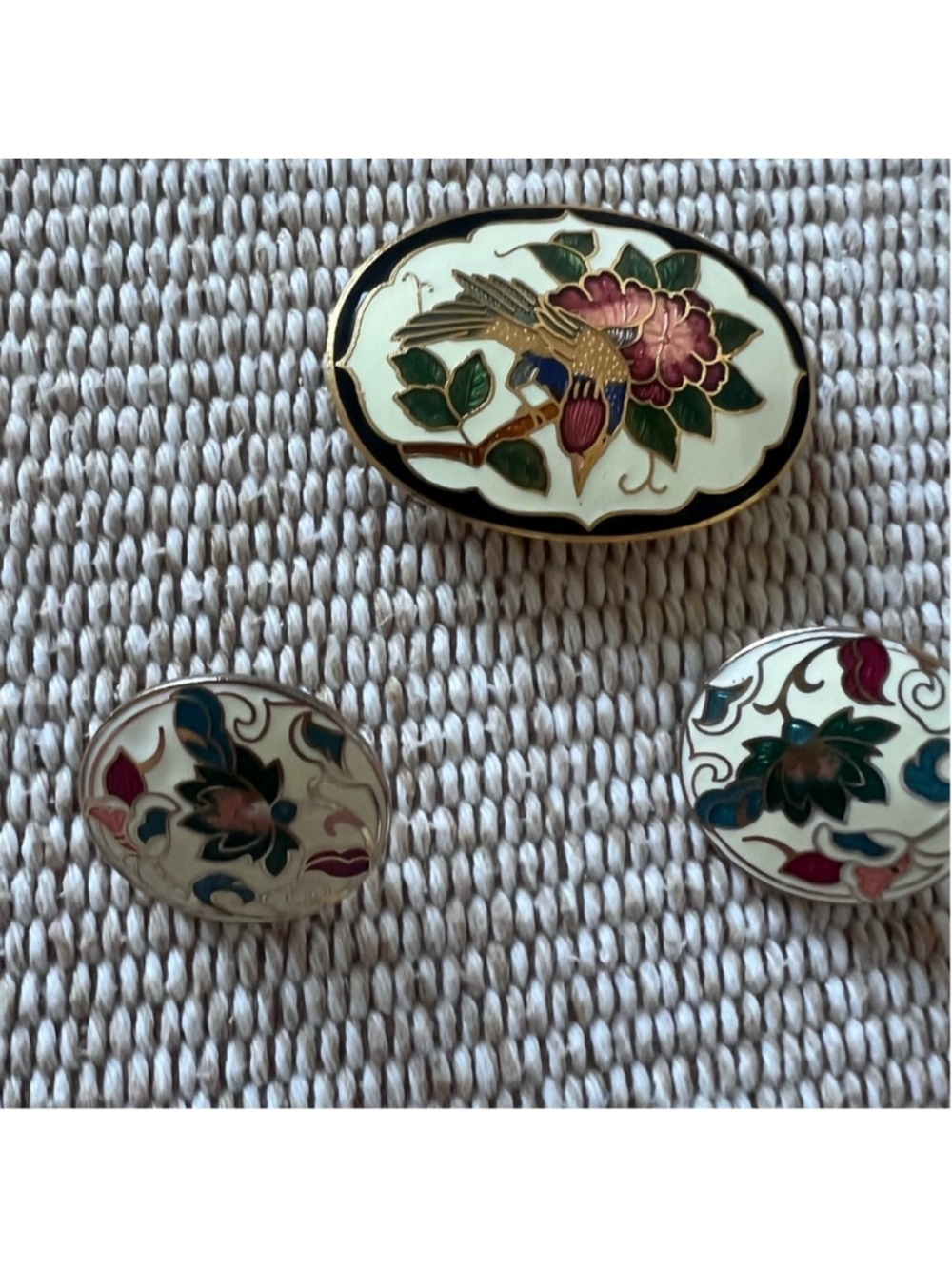 Vintage Cloisonné Enamel Bird Floral Oval Scarf Clip & Ear Clips Set Spring
